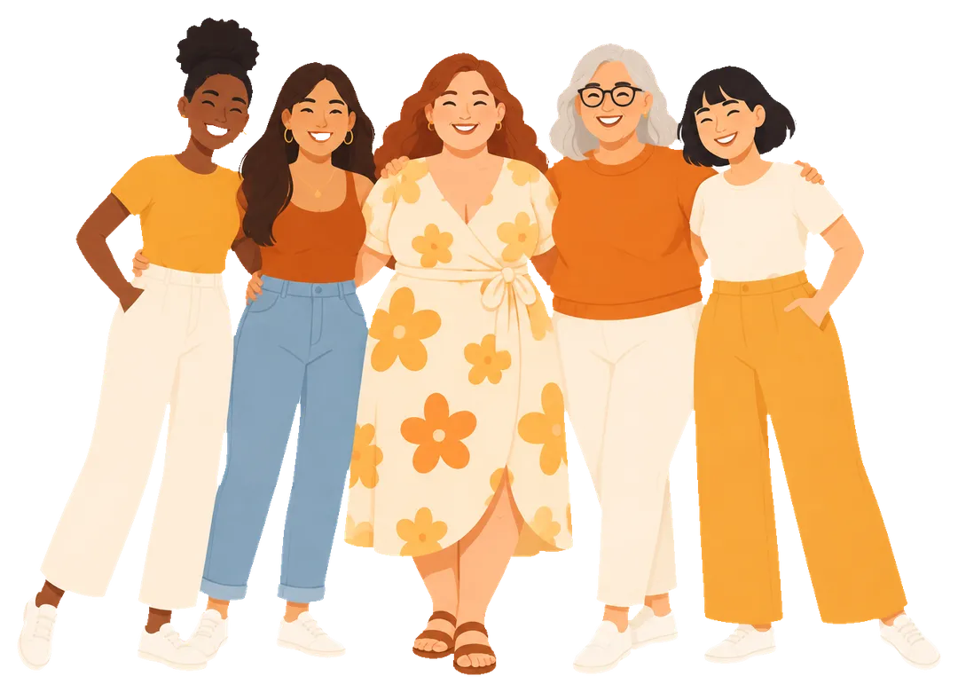 Five smiling women of different ages, body types and backgrounds standing arm in arm